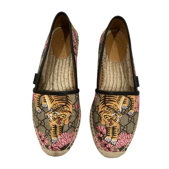 Gucci Bengal Tiger Floral Supreme Monogram Canvas Round Toe Espadrilles Size 8 - Picture 2 of 13